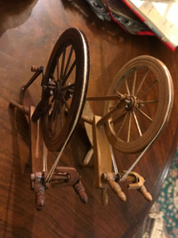 Vintage 2 hand made miniature up right spinning wheels .6”
