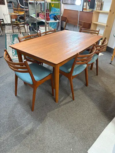 Teak surfboard Dining table Dyrlund 6 K.S Denmark chairs, View more