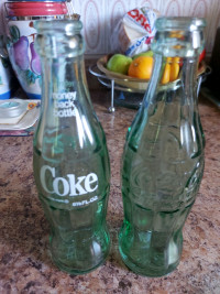 2 VINTAGE SMALL GREEN GLASS COCA-COLA BOTTLES X-COND $12.00