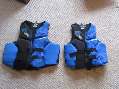 Brand New Body Glove Sea-Doo Life Jackets, Medium & XX Large, Plus Two Stone Back Beach Chairs to ca...