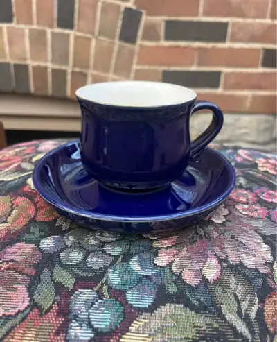 9 cups and 9 saucers in Potpourri Blue In perfect condition Founded in 1809, the Denby Pottery Compa...