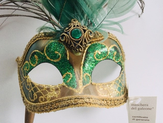Gorgeous Green Venetian feather Masquerade Mask- Bamboo Handle in Costumes in Norfolk County - Image 3