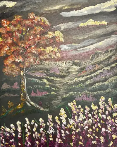 This 16 x 20 inch acrylic landscape portrays a glowing autumn tree overlooking a mist-filled valley...