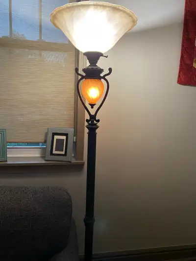 Heavy metal matching floor and table lamps being sold as a pair. $50 Table lamp 34” high, shade 18”...