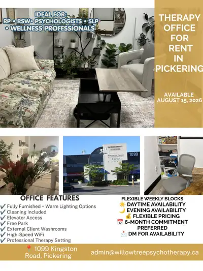 THERAPY OFFICE SPACE FOR RENT – PICKERING Available August 15, 2026 Fully furnished private therapy...