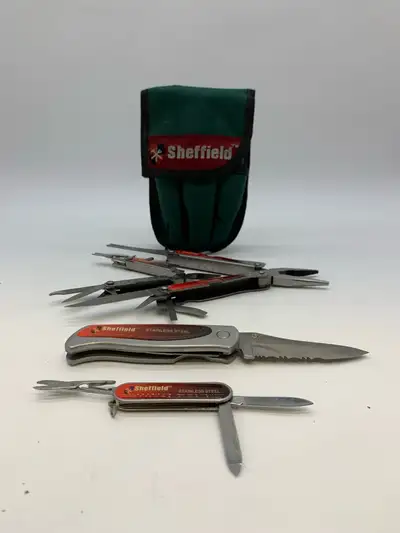 Sheffield multi-tool set. Includes: • Multi-tool pliers • Folding knife • Small multi-tool • Carry p...