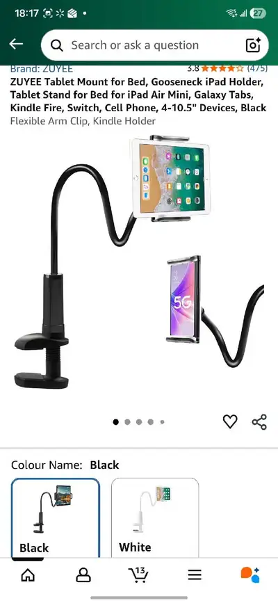 This ZUYEE tablet mount features a gooseneck design and a flexible arm clip, compatible with 4-10.5"...
