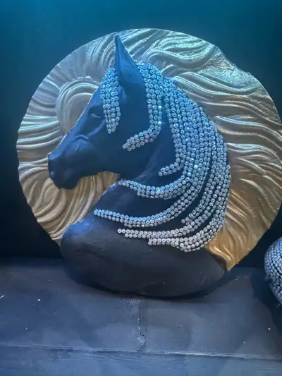 Handmade stone horse stataue painted selaed with shiny gems message for any info thanks.