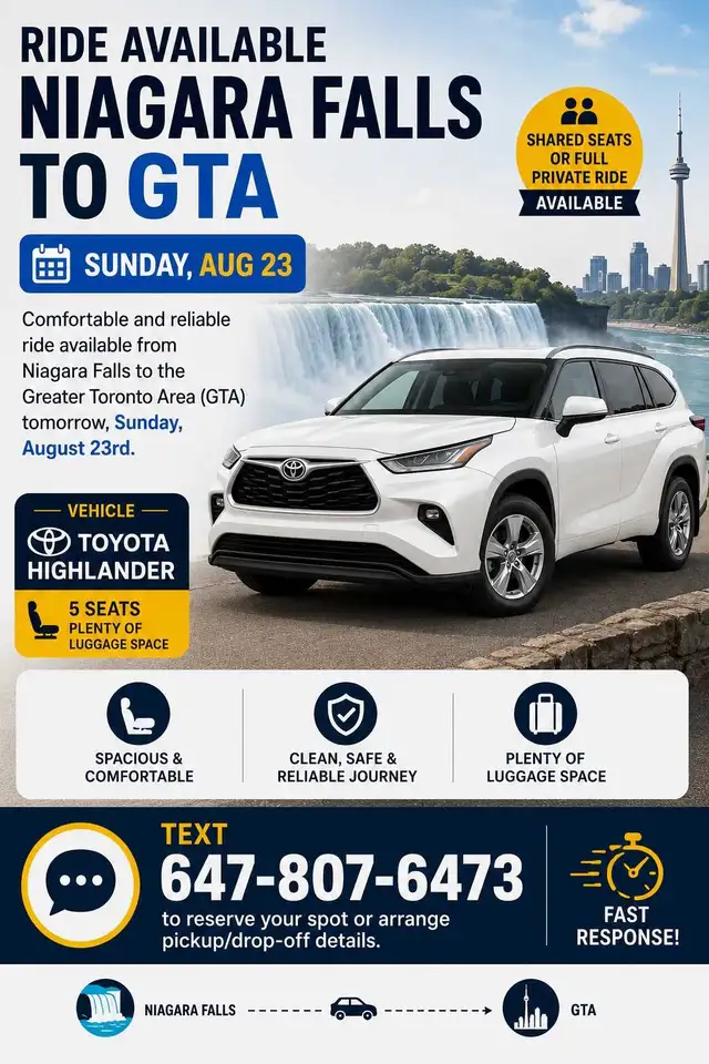 Sunday 23 Augusta GTA to niagra and return  647-807-6473 