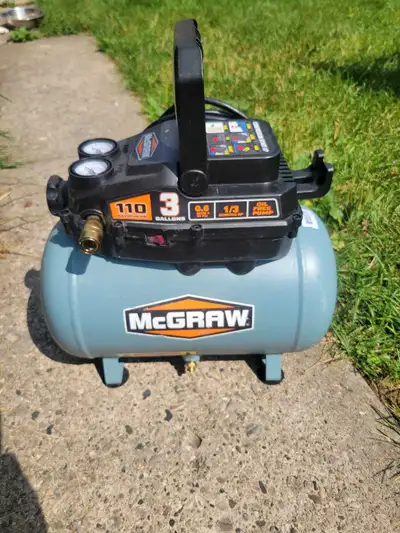 This is a McGraw 3-gallon air compressor with a maximum of 110 PSI, perfect for small jobs around th...