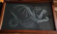 Framed Etched Glass - Dragon like figure - 22" x 14"