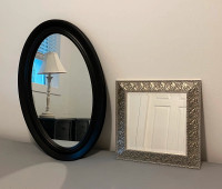 2 mirrors for sale: large black oval and a square silver pattern