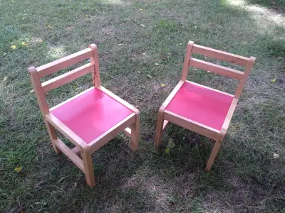 Pair of Small Children's Chairs, Pine and Red, View more