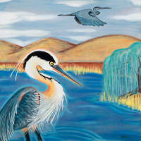 Great Blue Heron and Willow, large mixed media painting on wood