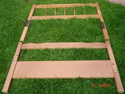 ** Maple Wood spindle headboard and footboard set for single bed, $25. ** Black metal JSK, head and...