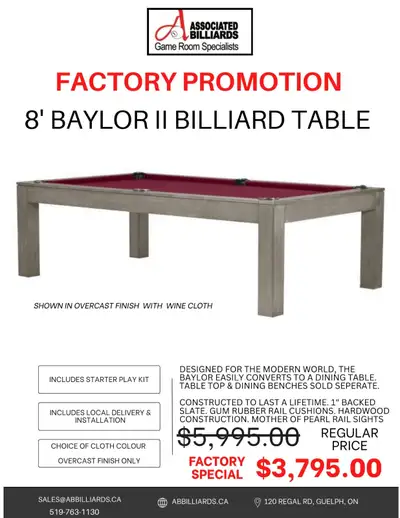 Modern 8' Baylor Billiard Table 1" Slate - Factory Promotion!, View more