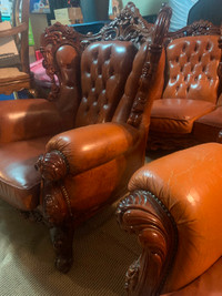 Unique Hand Made Solid wood leather couch and two chair sofas