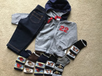 12 month- boys stretchy jeans , hoodie & 6 pairs socks $15