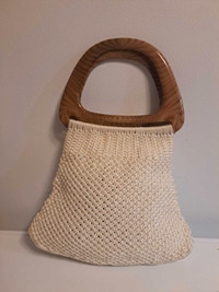 Tan Crochet Woven Handbag,Lucite Acrylic Handles