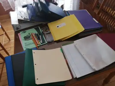 Gros lot d'articles scolaires (cartables, protège-feuilles et bi, View more