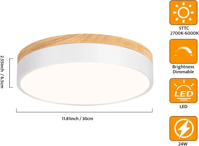 Dimmable Wood LED Ceiling Light, 2700K-6000K Round Flush Mount F in Indoor Lighting & Fans in Oshawa / Durham Region - Image 5