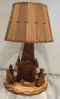Vintage folk art wood carving lamp