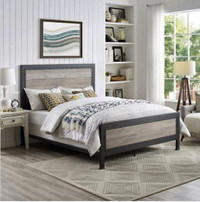 Queen Size Industrial Wood & Metal Bed in Grey Wash
