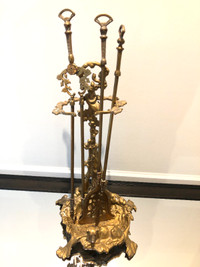 Vintage French Brass "Hunting" Motif Fireplace Tool Set