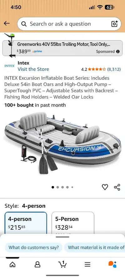 Intex Excursion 4 boat. Only used once. Comes with transom mount for trolling motor. $150 OBO.