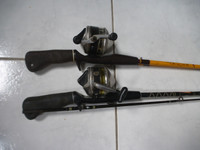 2 Cannes moulinets spincast a bouton, USA, 2 Fishing rods reels