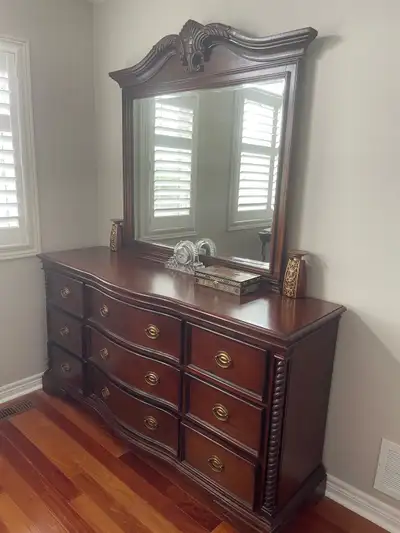 Queen Bedroom Set - Bed, Night table and Dresser with Mirror. If interested please text 416-319-3719