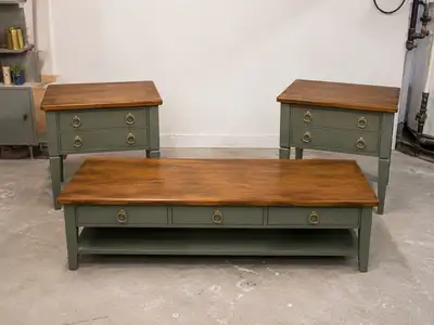 Beautifully Refinished Wooden 3-Piece Coffee & Side Table Set, View more