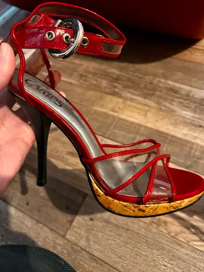 Red open toed high heels, View more