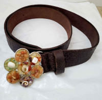Womens Danier Leather Belt Brown Decorative Flower Buckle Gems