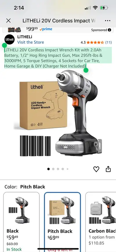 [Tax free]LiTHELi 20V Cordless Impact Wrench Kit with 2.0Ah Batt, View more