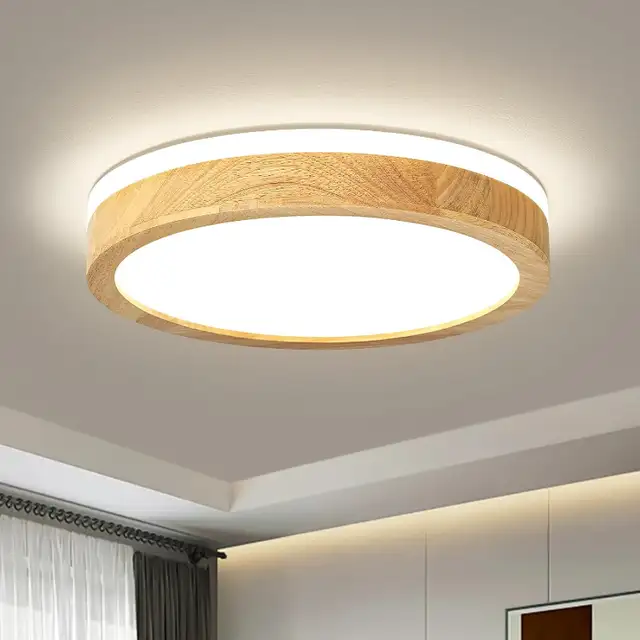 Pevfah Dimmable Wood Flush Mount Ceiling Light, Round LED Fixtur in Indoor Lighting & Fans in Oshawa / Durham Region - Image 2