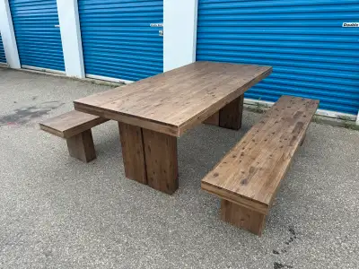 Structube Solid Wood Dining Table with 2 Benches (Rustic Finish), View more