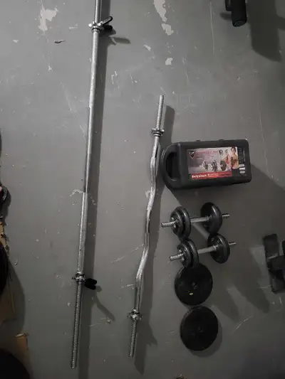 Ez Curl Bar, Dumbbells, Weights, and Barbell) OPEN, View more