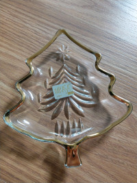 Mikasa Crystal Christmas Tree Candy Dish/Trivet with Gold Trim


