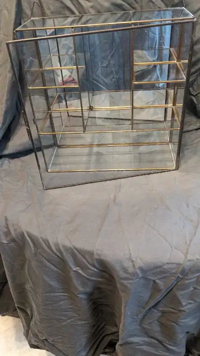 Small brass and glass curio cabinet. Great for mantle or side table or can be hung from the wall (in...