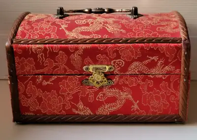 Vintage Chinese Wooden Red Silk Jewelry Box, View more