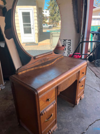 Antique Vanity Dresser with Mirror & Matching Stool