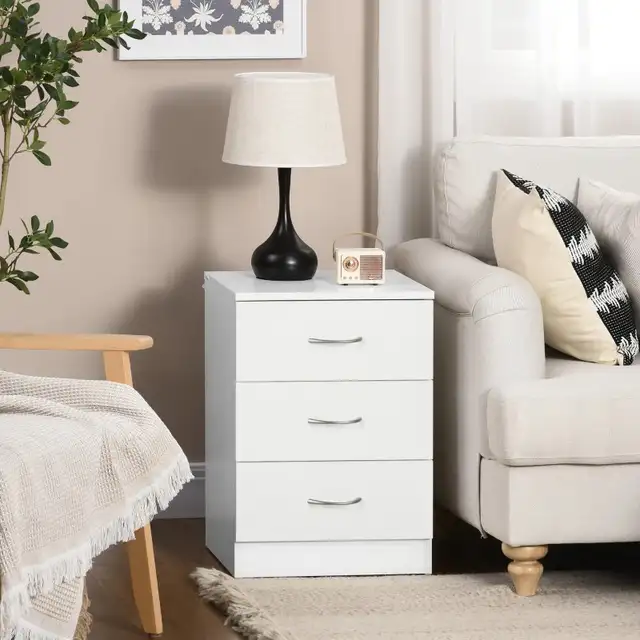 White Bedside Table with 3 Drawers, Modern Wood Nightstand in Dressers & Wardrobes in Markham / York Region - Image 2
