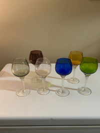  Beautiful coloured crystal wine glasses. Mid century.