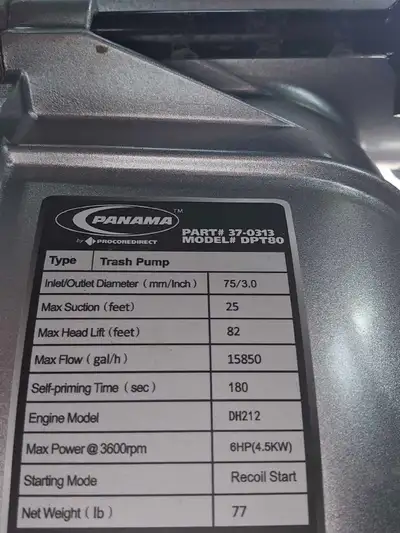 This used Panama trash pump, model DPT80, is equipped with a robust 6HP engine and is ready for heav...