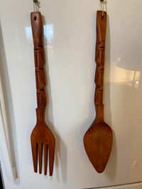 Vintage Carved Giant Wood Fork And Spoon Wall Decor