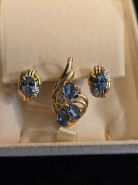 10k Yellow Gold Aquamarine And Diamond Earrings And Pendant Set