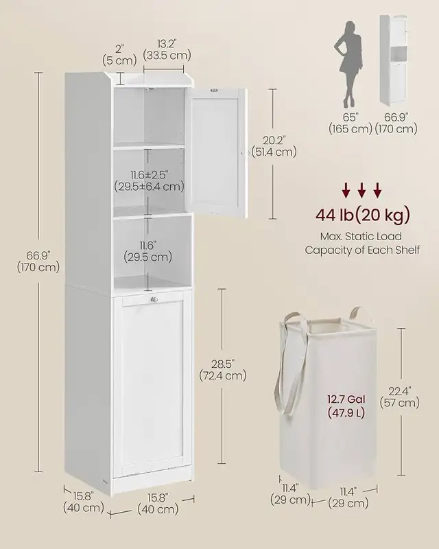 Tall Bathroom Cabinet with Laundry Basket, Removable Laundry Bas in Storage & Organization in Markham / York Region - Image 7