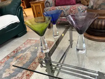 Set of 6 mouth blown vintage Roscher + Co. Martini glasses -2 purple, 2 green, 2 blue -each glass ho...