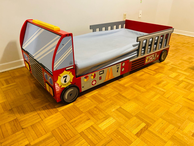 Wooden Toddler Firetruck Bed + Mattress in Beds & Mattresses in Mississauga / Peel Region